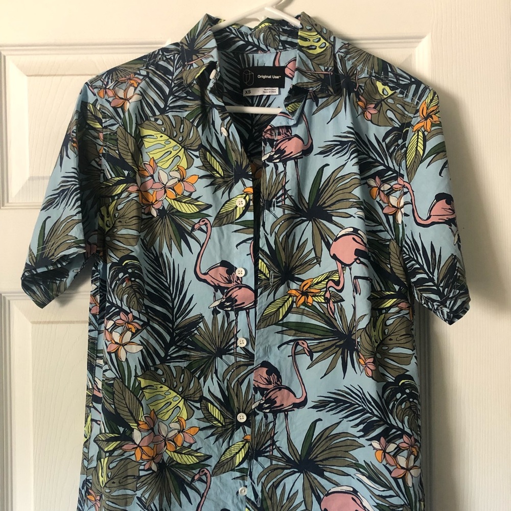 Tropical flamingo print button up shirt